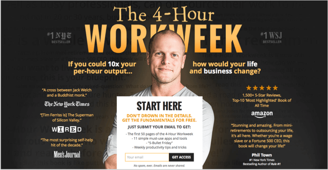 4-hour workweek 1 landing page example